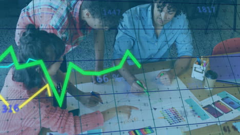 in office, team collaborating on design project, analyzing financial graph animation