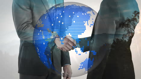 animation of globe over businessman handshake