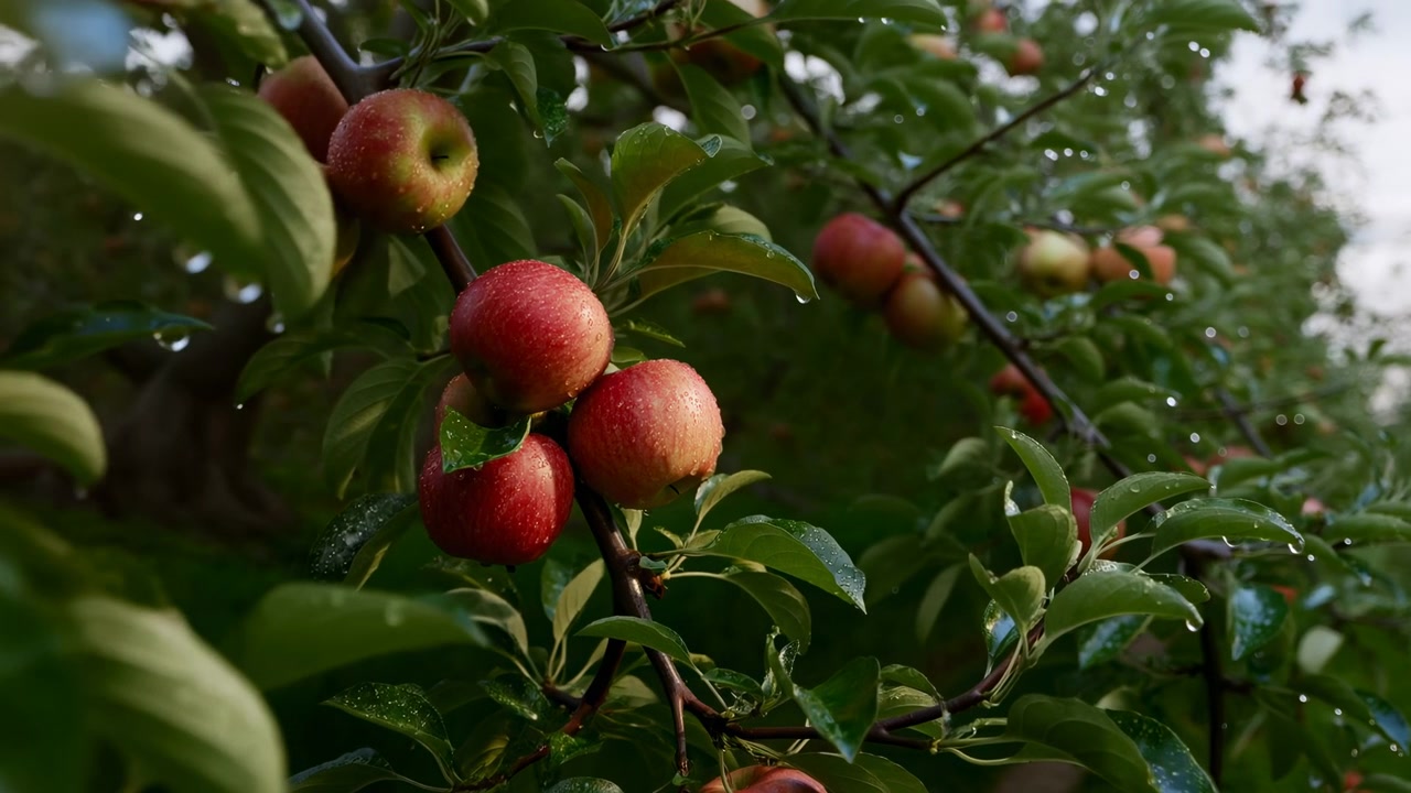 Mele rosse mature su un ramo frondoso, goccioline di rugiada che brillano sotto la morbida luce del mattino, fitta vegetazione verde, cinematografico