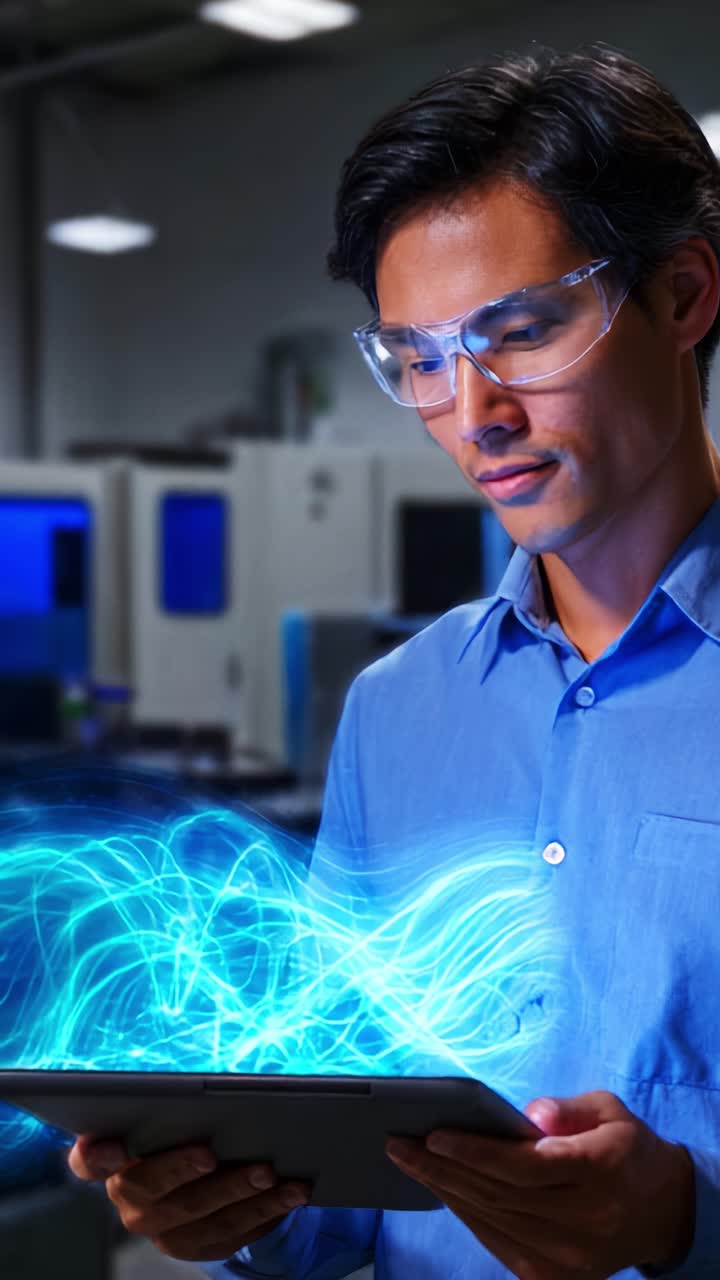 Innovative Tech Enthusiast Engaging with Cutting-Edge Tablet Technology Showcasing Dynamic Energy Waves in a Modern Industrial Environment