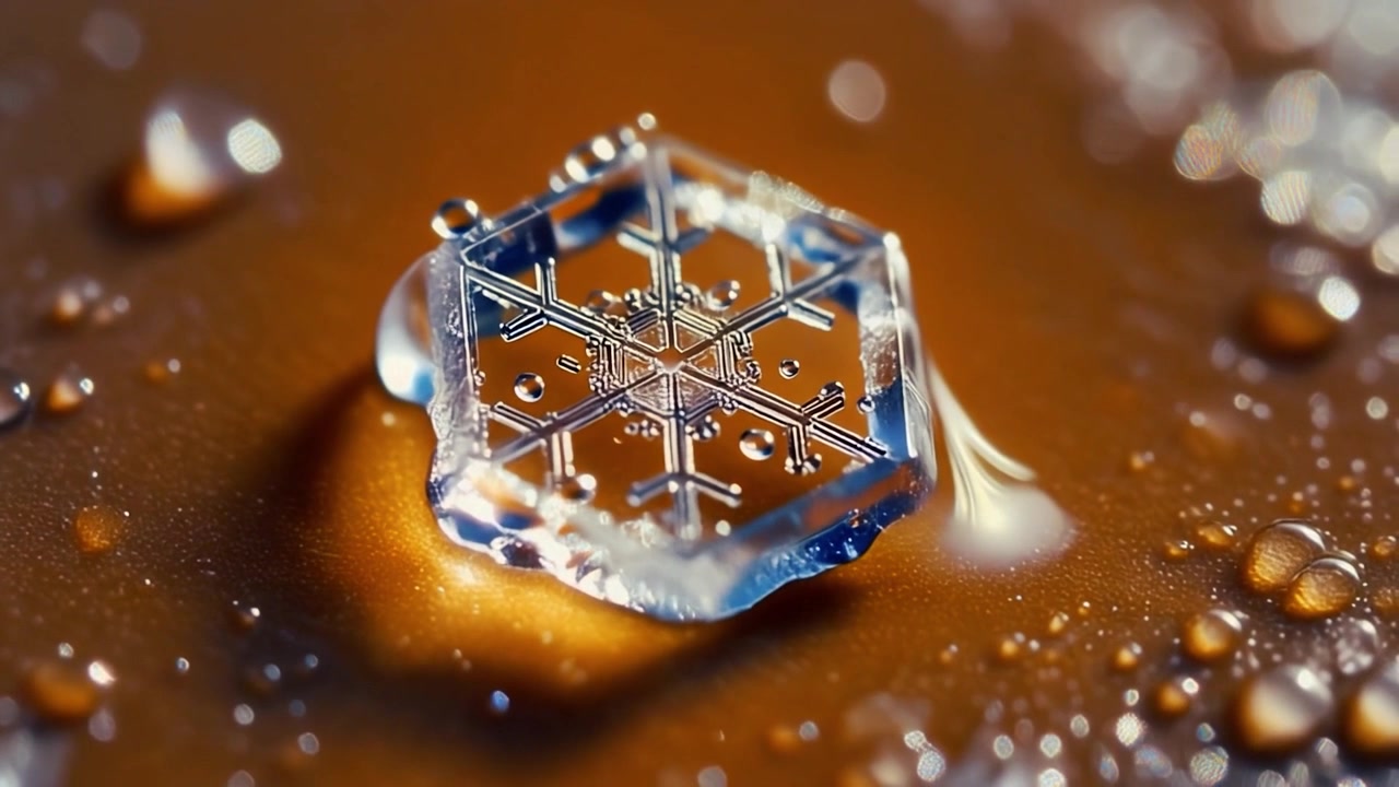 Macro primo piano di un singolo fiocco di neve su una superficie dorata