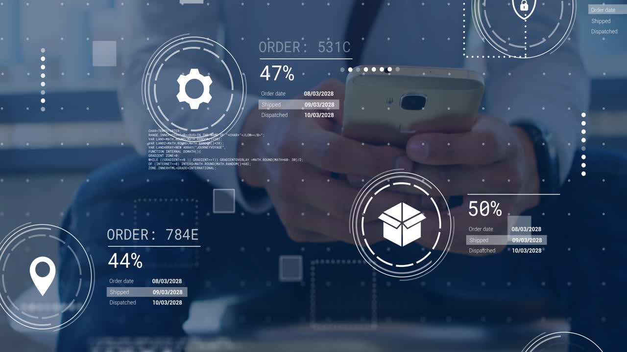 스마트폰을 사용하는 백인 남성에 대한 아이콘의 애니메이션과 데이터 처리