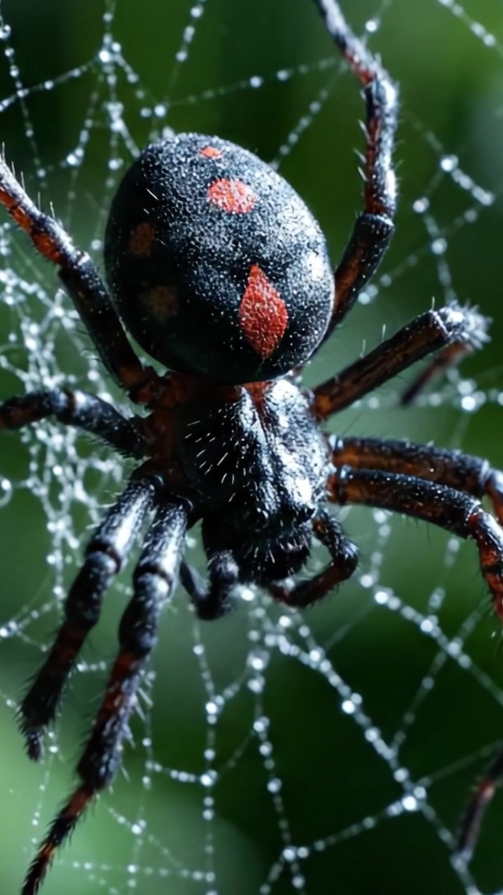 A Close-Up Exploration of a Spiders' Web: Captivating Details of a Black Widow Spider Displaying Its Distinctive Markings and Intricate Webbing