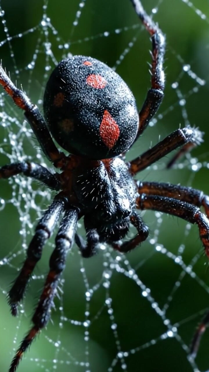 A Close-Up Exploration of a Spiders' Web: Captivating Details of a Black Widow Spider Displaying Its Distinctive Markings and Intricate Webbing