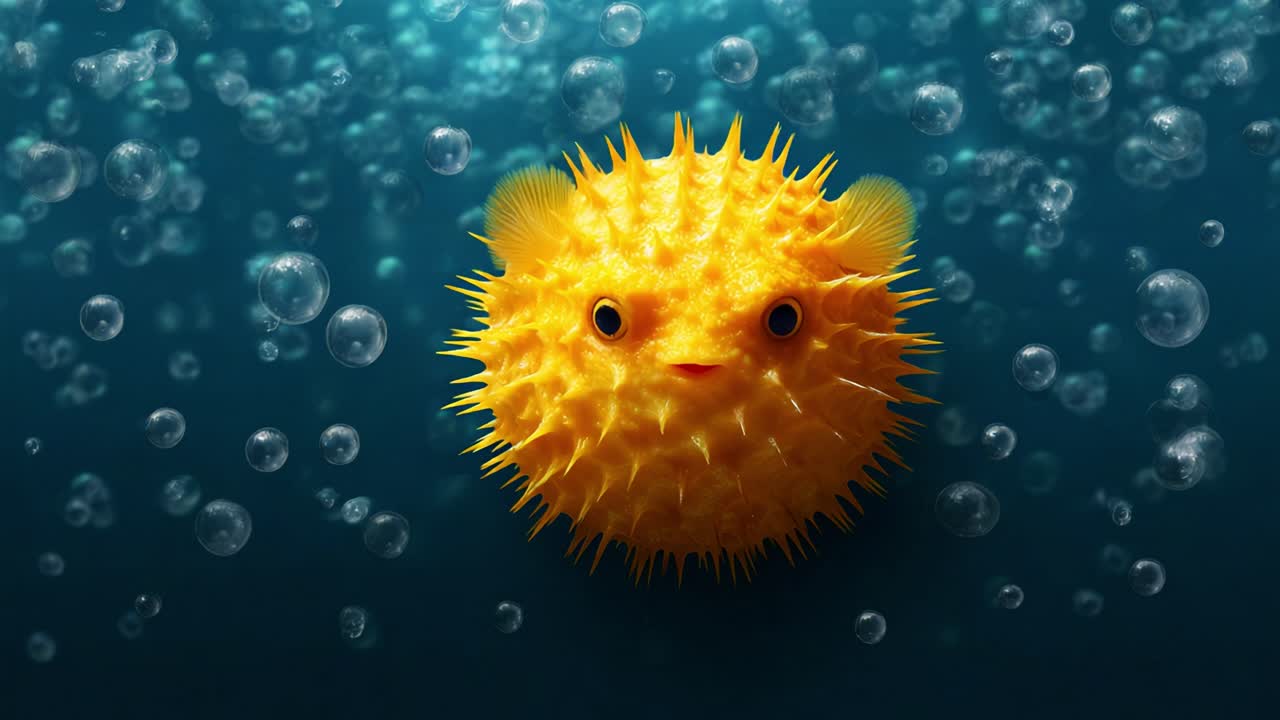 Un vivace pesce palla giallo nuota con grazia attraverso scintillanti bolle in un sereno ambiente sottomarino, mettendo in mostra le sue texture esotiche e la sua personalità giocosa in un'affascinante scena acquatica