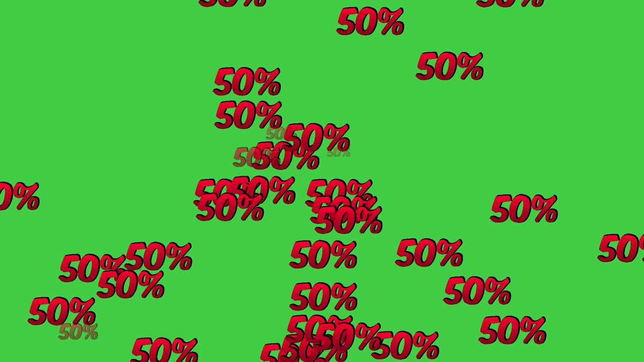 Animazione del simbolo dell'etichetta di sconto del 50% con grafica in movimento a discesa su sfondo green screen per il Black Friday o per il concetto di vendita all'ingrosso