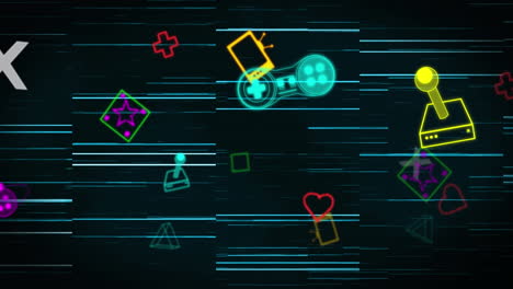 animación de coloridos iconos de juegos y medios sobre el procesamiento de luces azules brillantes