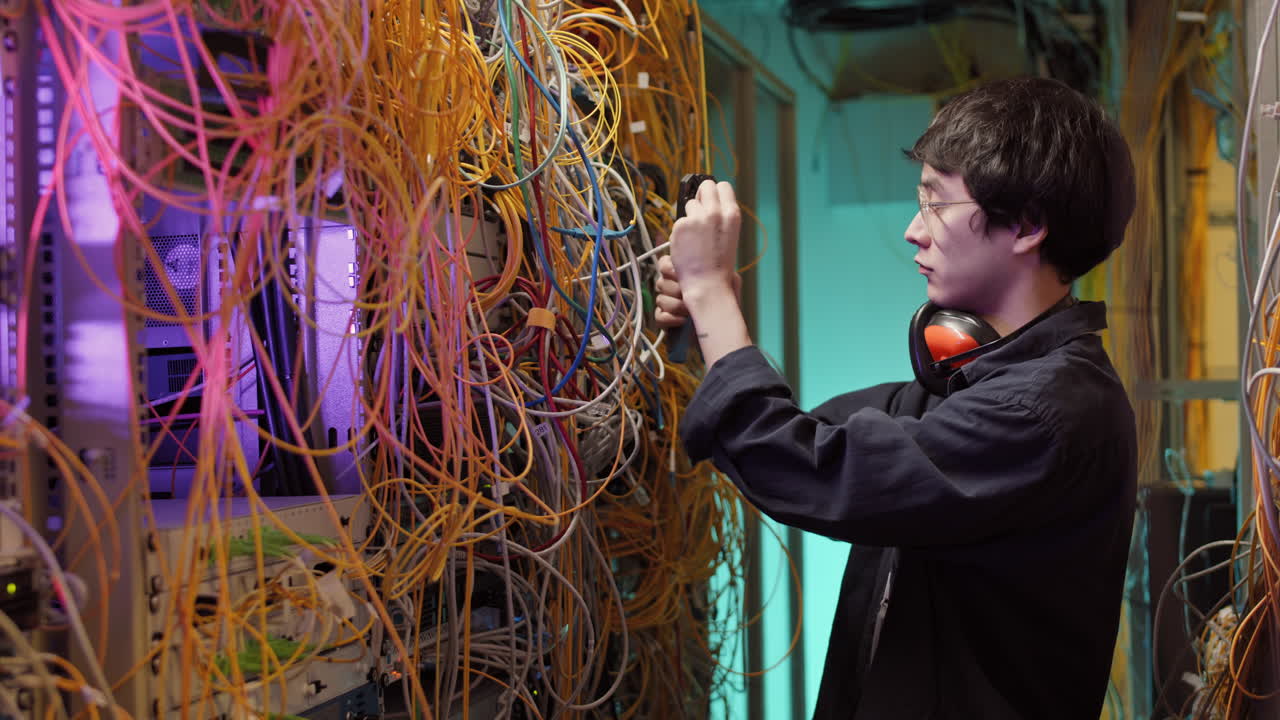Asian IT Specialist Connecting Wires in Data Center