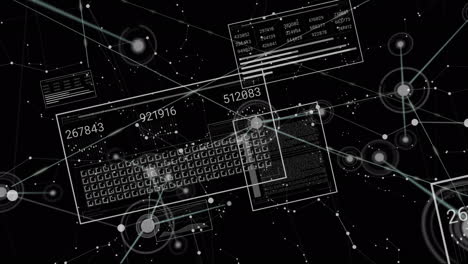 Animation of data processing with network of connections on black background