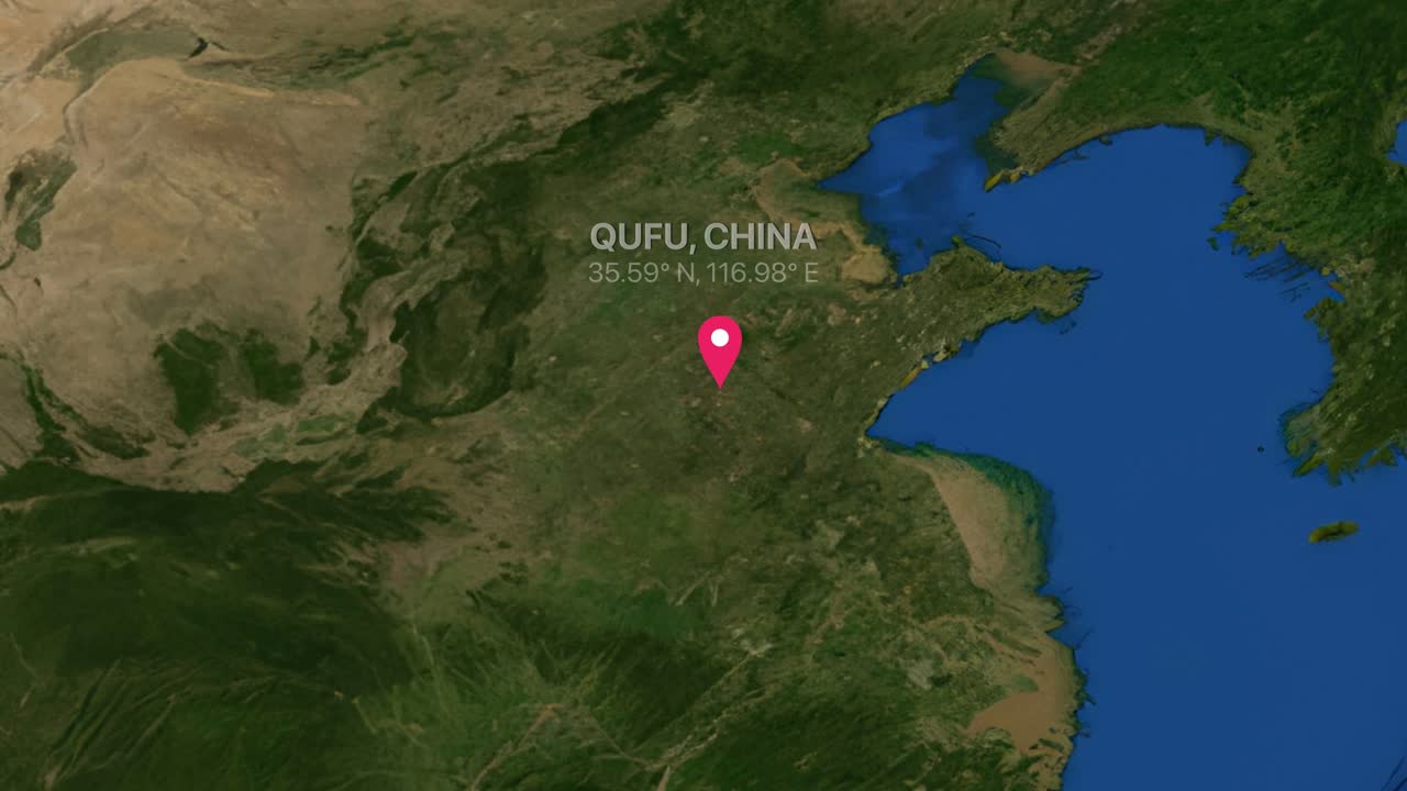 Digital earth render zooms from a global map to a specific location marker in China