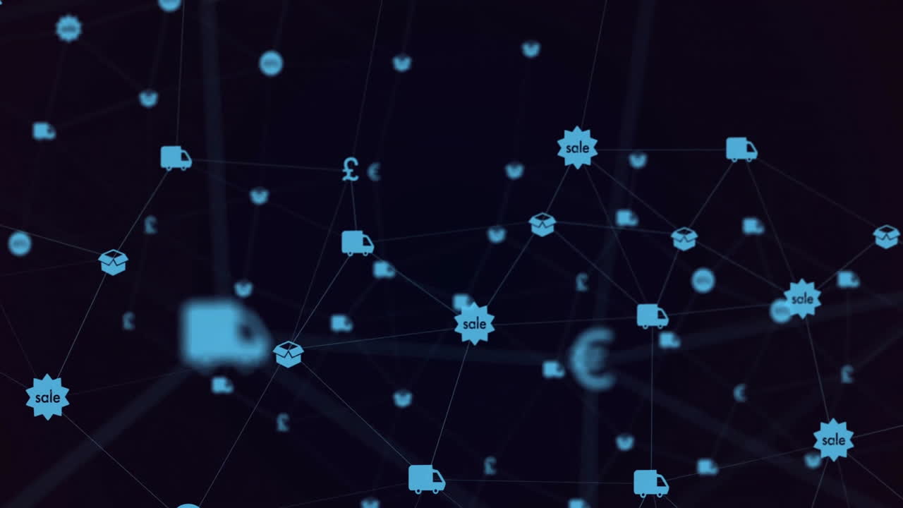 Network of logistics icons and currency symbols, animation of global supply chain