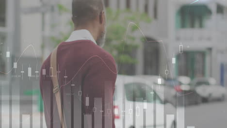 animation of financial data processing over african american man with bike on the go