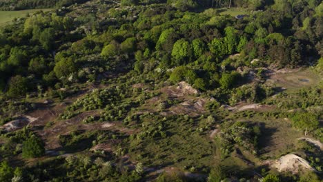 An-onward-aerial-drone-shot-over-the-dunes-located-near-the-Oostvoorne-town-in-the-Dutch-province-of-South-Holland,-Netherlands