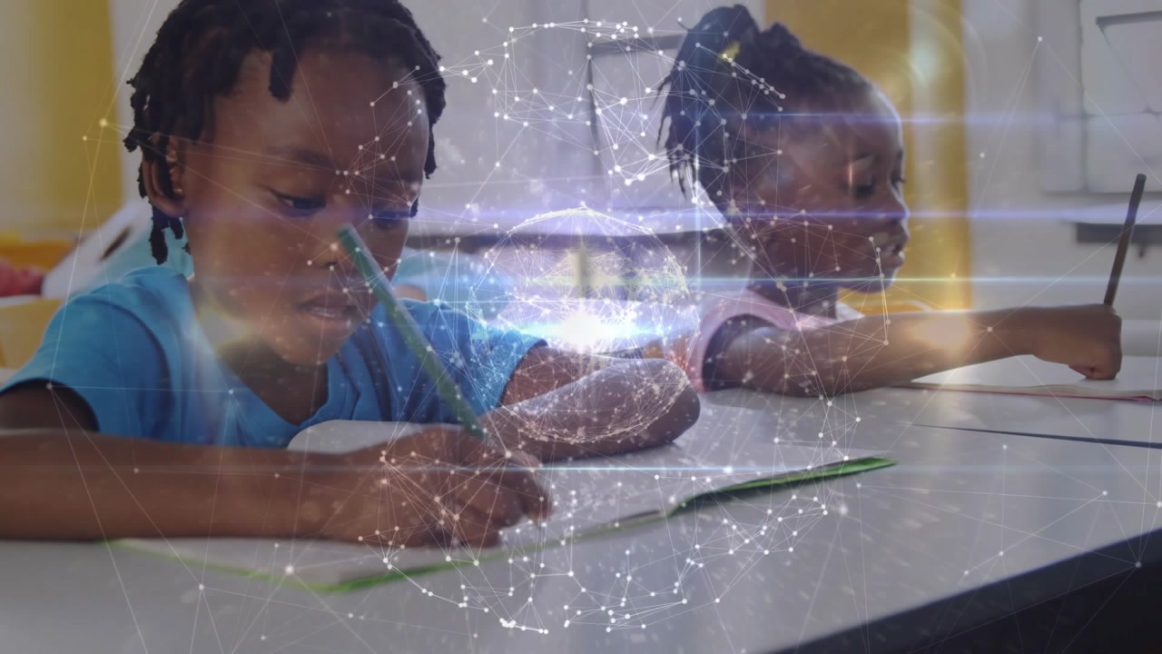 Two kids writing and reaching at school table, pencil moving causing globe net glowing for lesson