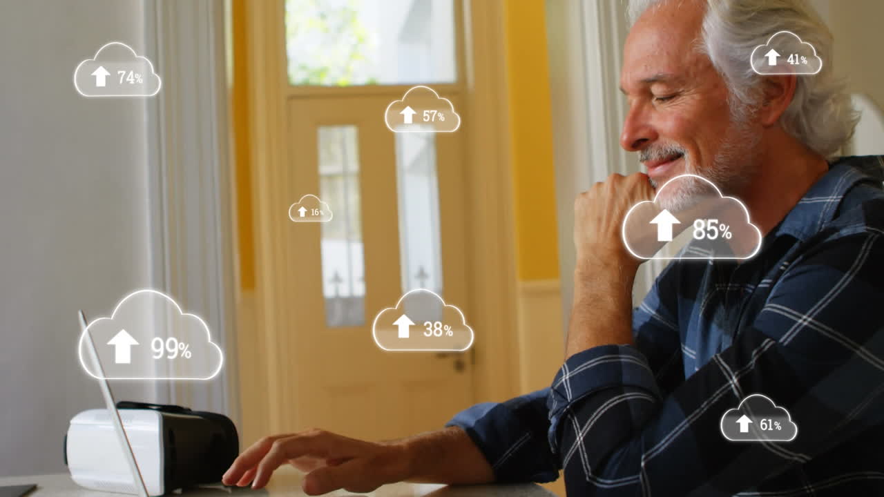 animación de hombre caucásico trabajando en casa sobre nubes blancas con números que aumentan