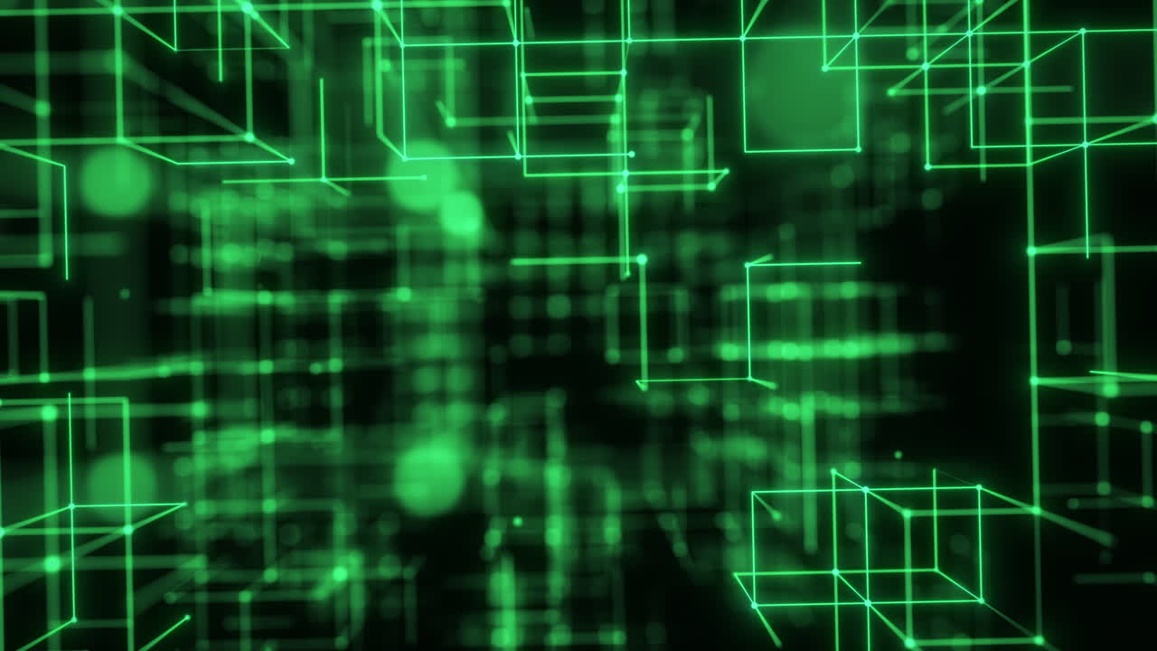 Green Digital Wireframe Grid with Soft Glowing Geometry. Looped 3D rendering