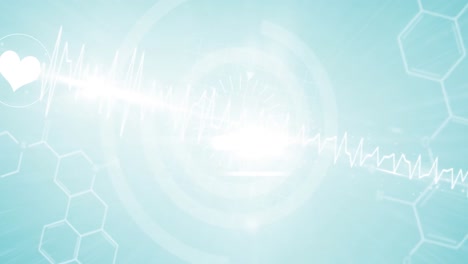 digital animation of bright spot of light and heart rate monitor against chemical structures