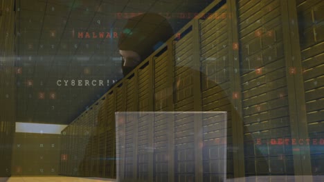 animación del procesamiento de datos sobre hackers masculinos caucásicos y servidores informáticos