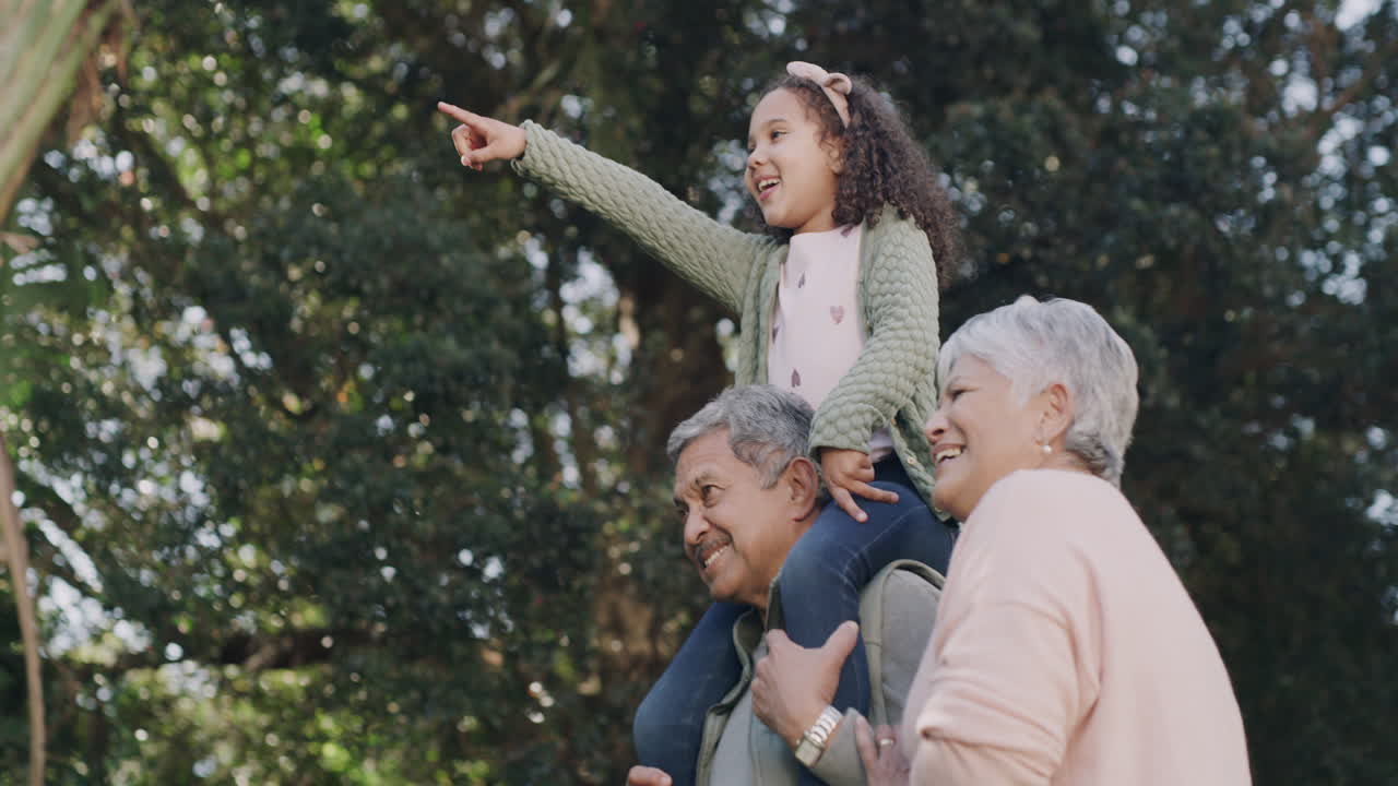Nonni che portano il nipote in braccio in un parco