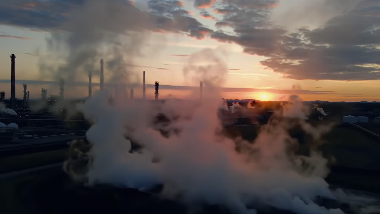 Industrial Landscape at Dusk: Smoke and Steam Rise from Structures Against a Beautiful Sunset Sky