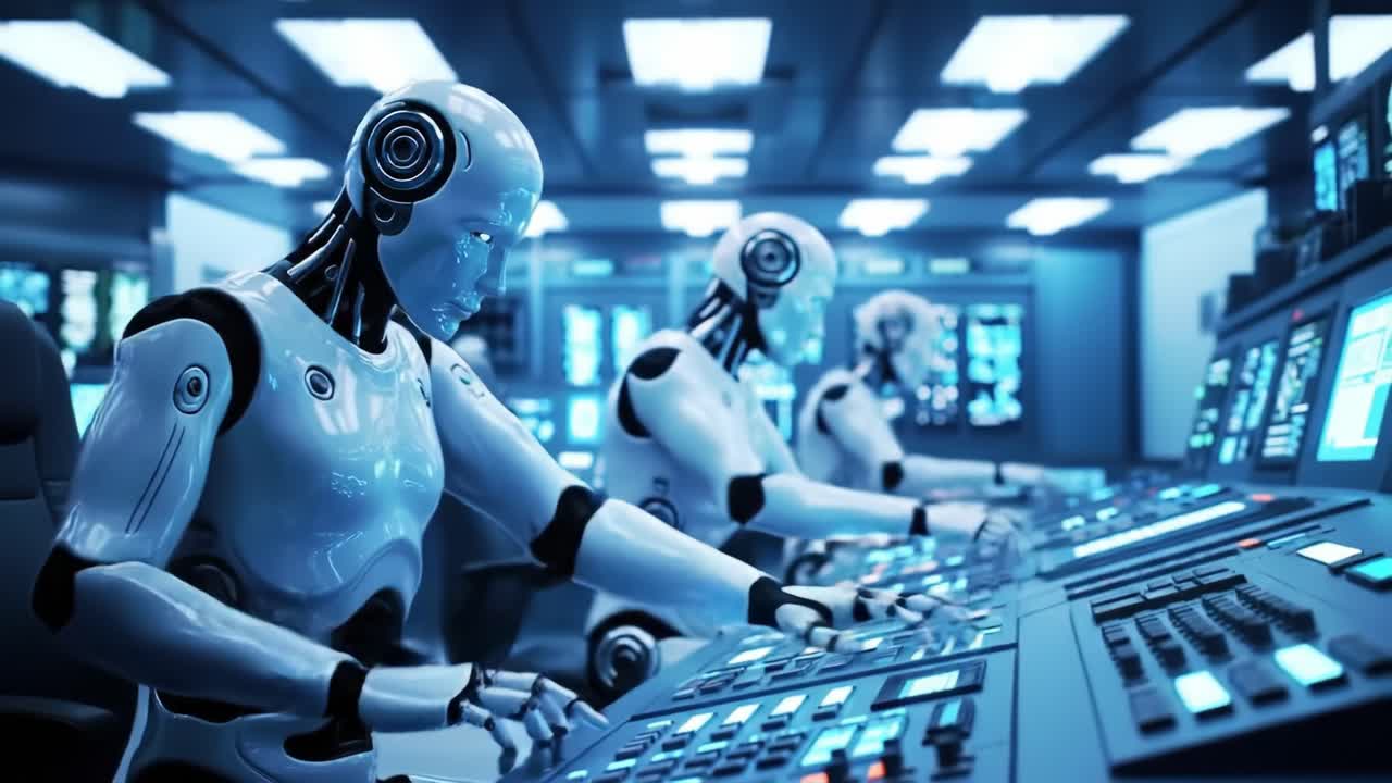 In a modern control room, humanoid robots operate advanced control panels, analyzing data and managing systems in a cutting-edge environment designed for efficiency.