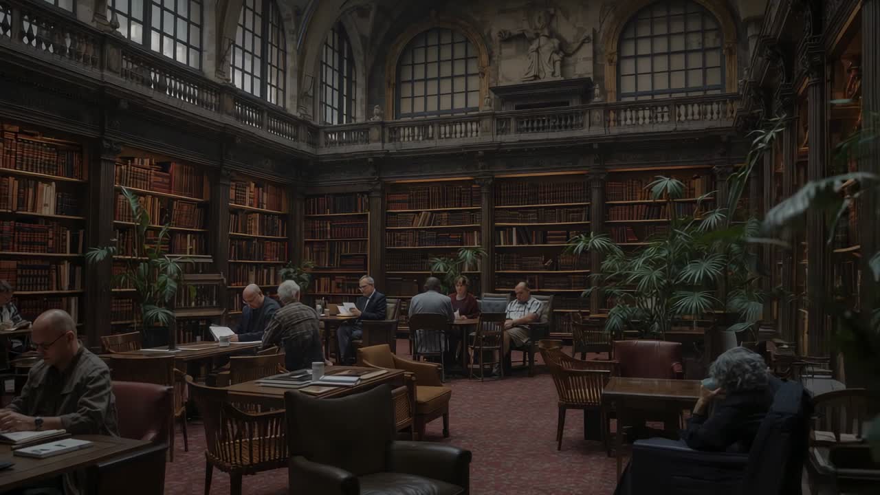 Reading patrons researching consulting books and laptop at historic library as camera pulling back