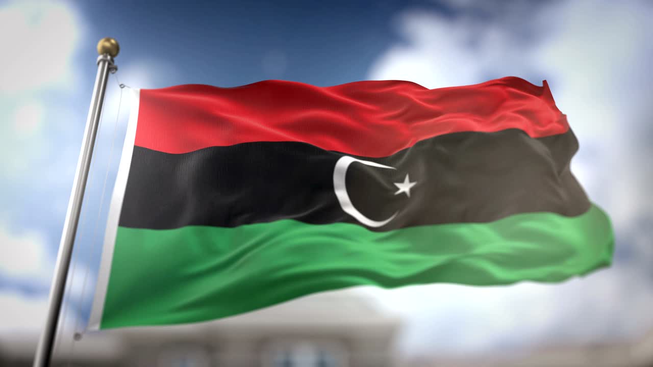 Libya Flag Waving Slow Motion 3D Rendering Blue Sky Background ...