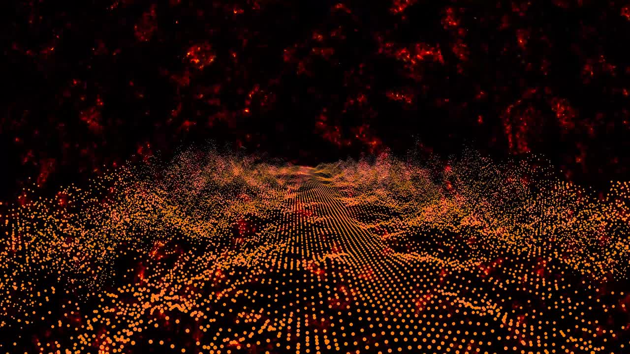 rojo abstracto y rojo oscuro millones de partículas patrón forma de onda oscilación movimiento rápido, visualización tecnología de ondas superficie digital