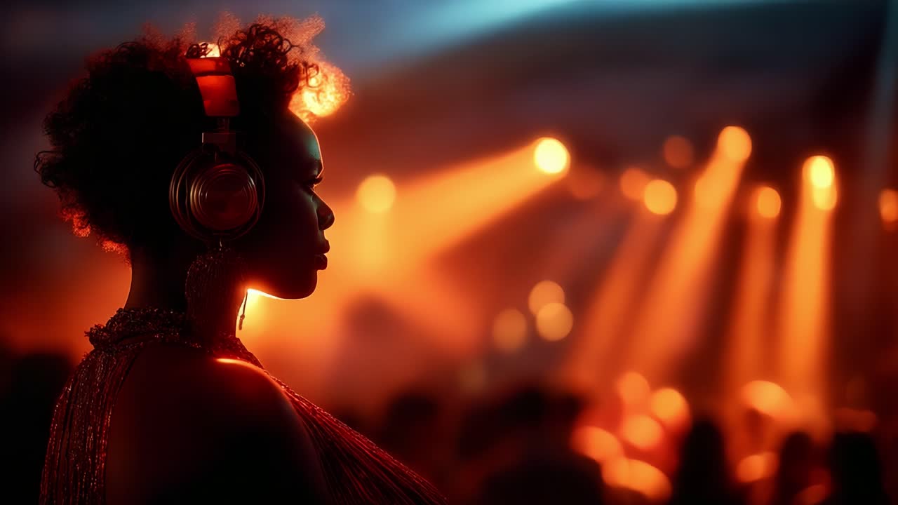 A poised individual immersed in vibrant music ambiance, enjoying the beats with headphones, illuminated by colorful lights that create a captivating nightlife atmosphere