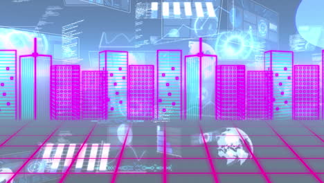 pink cityscape over grid network against multiple screens with data processing on blue background