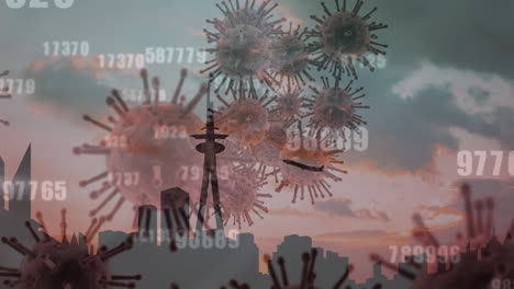 animación de procesamiento de datos y células de virus sobre el paisaje urbano