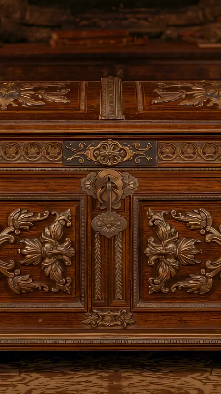 Vertical video: Camera capturing opening shot on carved chest at museum, showcasing skill with lock