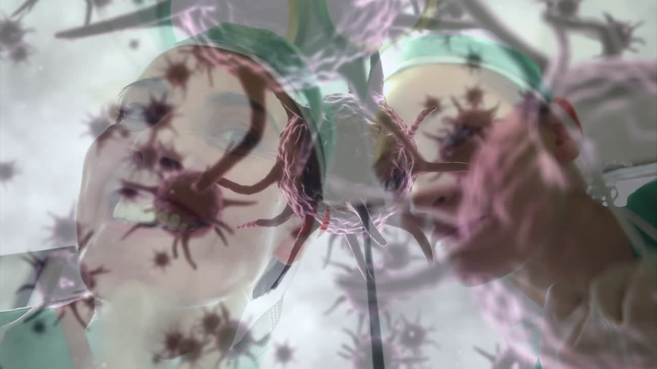 수술실에서 얼굴 마스크를 착용하는 다양한 외과 의사들에 대한 코로나 19 세포의 애니메이션