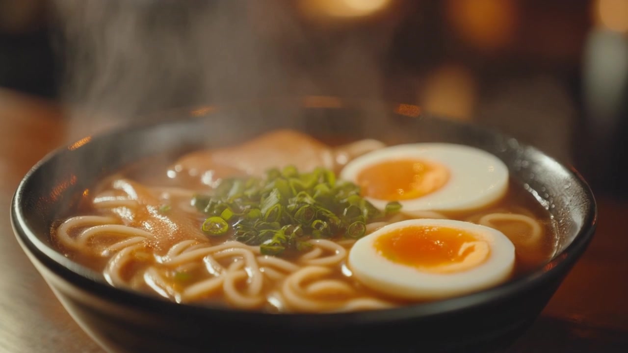 Ciotola fumante di ramen fresco con uovo barzotto