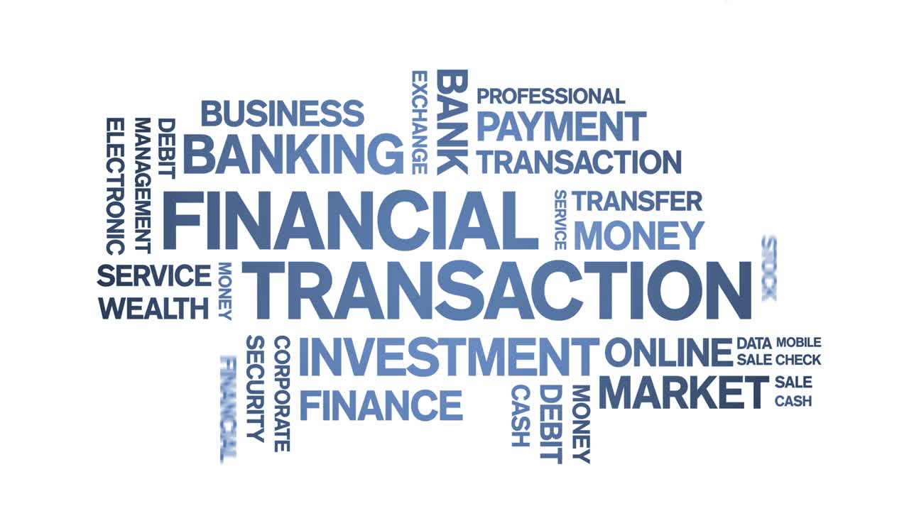 4k transazione finanziaria tag animato nuvola di parole, animazione di testo ciclo senza soluzione di continuità.