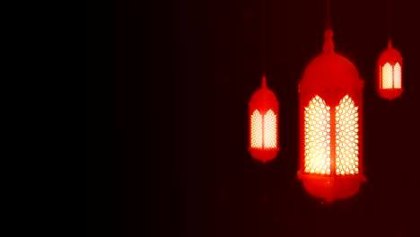 glowing celebration lantern hanging from ceiling on dark background. ramadan kareem islamic motion background. 3d loopable animation.