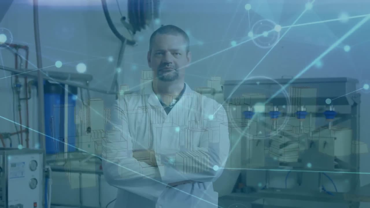 animación de la red de conexiones sobre el trabajador de tejido caucásico