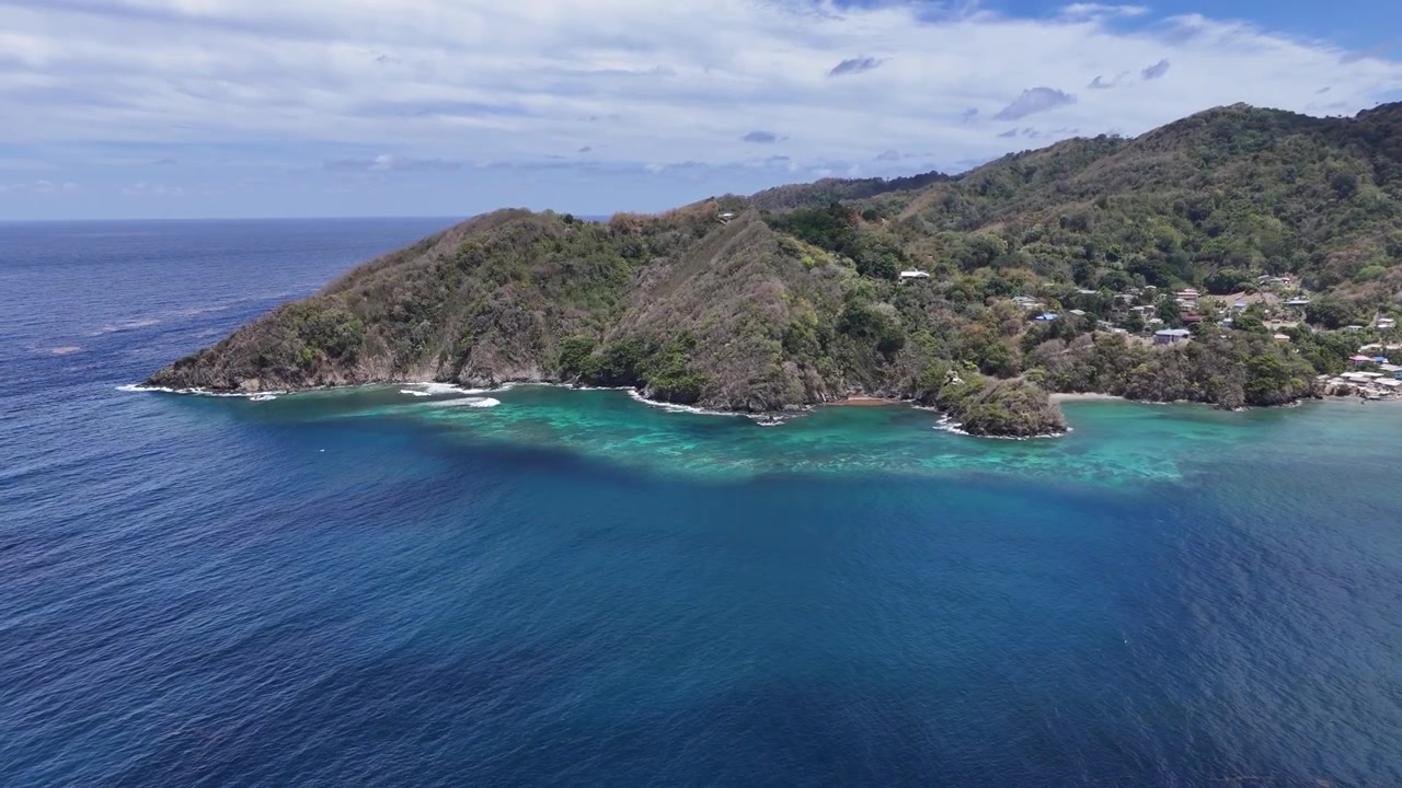 Isola di Tobago, Trinidad e Tobago, Indie Occidentali. Ampia ripresa aerea con drone delle montagne color smeraldo e delle barriere coralline a Speyside. Baia caraibica turchese che incontra la lussureggiante costa tropicale