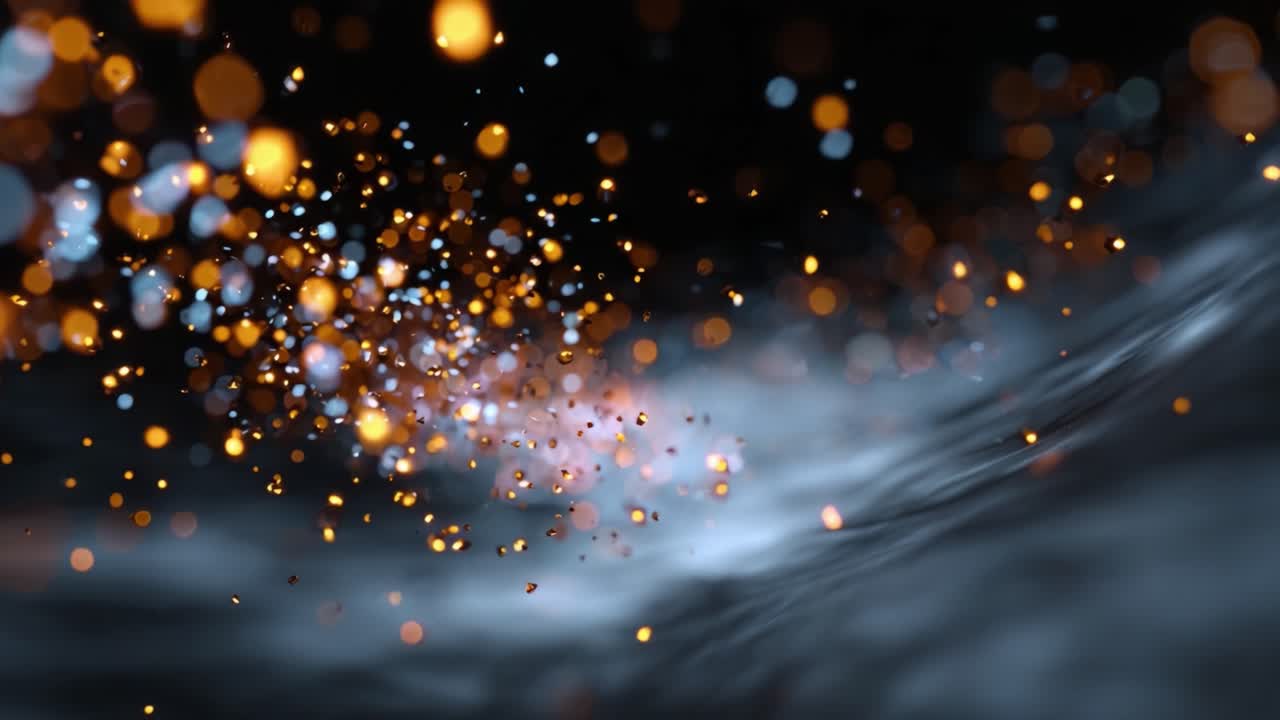 Un'affascinante immagine di particelle fluttuanti che creano un'atmosfera mozzafiato, caratterizzata da colori vivaci e movimenti dinamici che rappresentano energia e bellezza