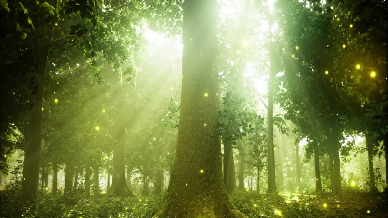 Sunlight filtering through lush forest trees with glowing fireflies at dusk