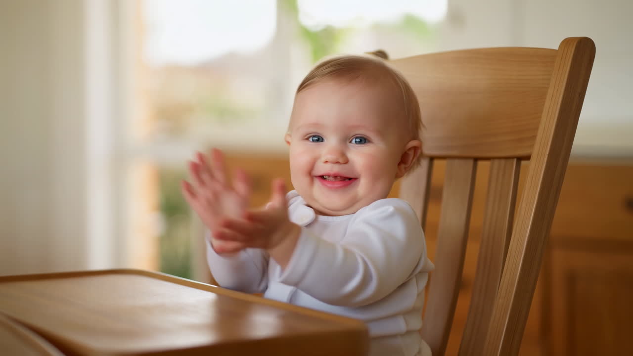 Happy Baby Clapping and Smiling in a High Chair