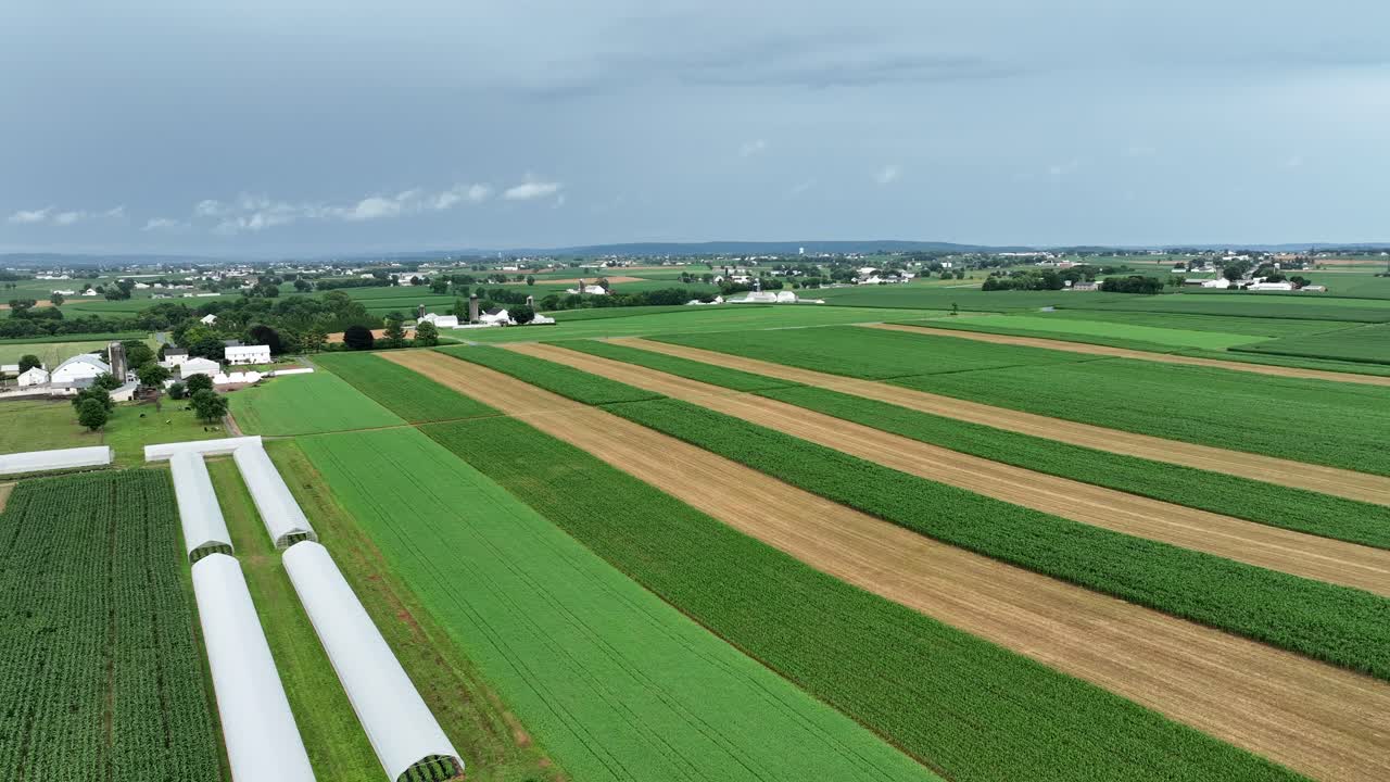 An aerial view of the lush green farmland of Lancaster County Pennsylvania after a summer thunderstorm
