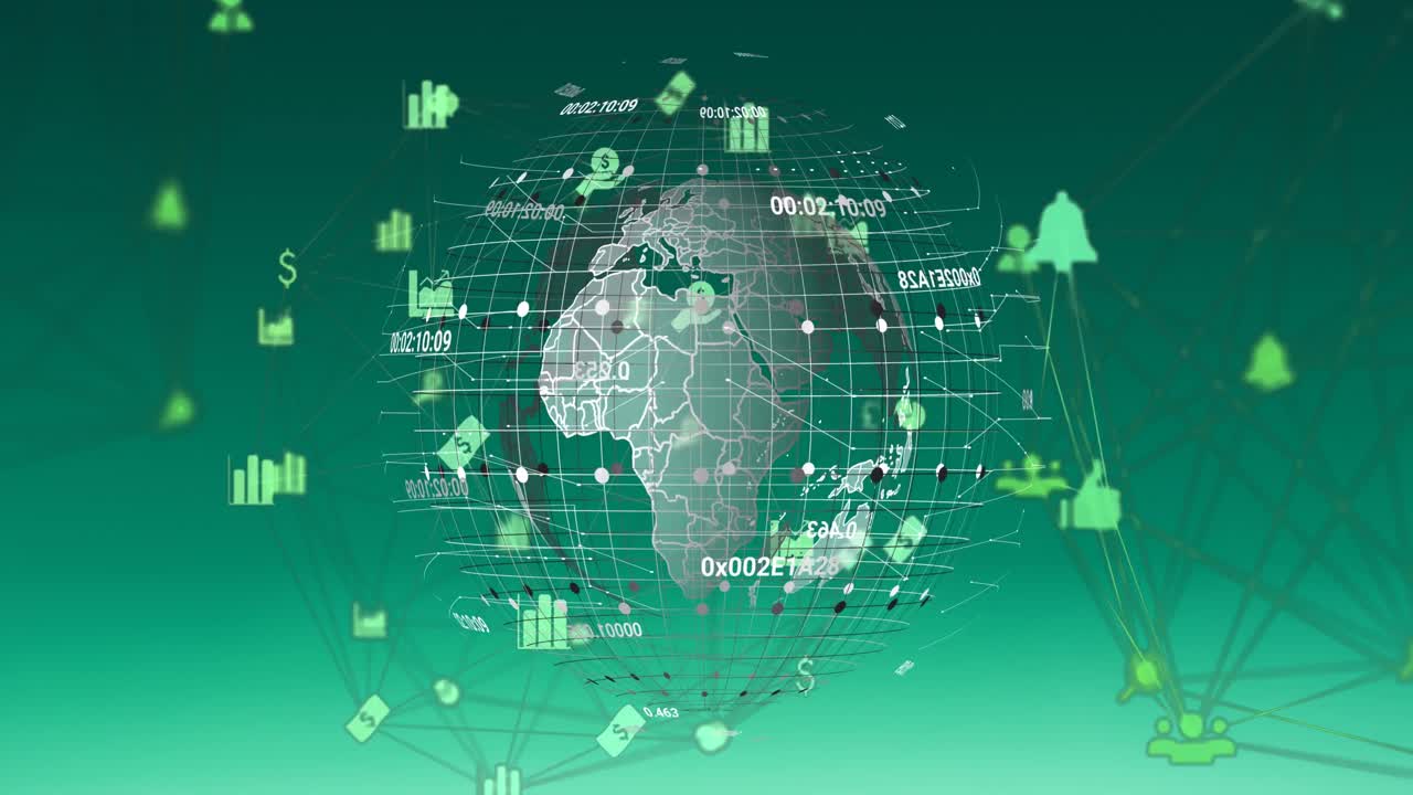 animación de una red de iconos digitales sobre un globo giratorio contra un fondo verde