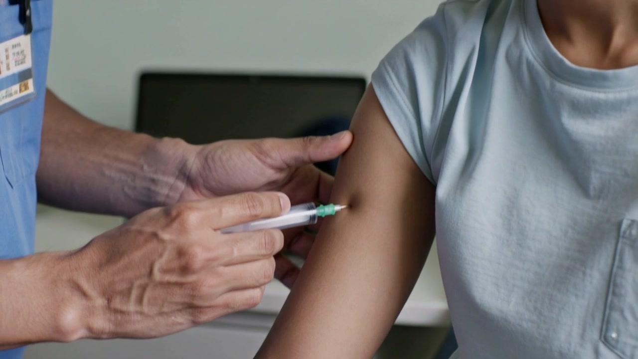 Preparing syringe, provider steadying arm and inserting green-hub needle in clinic, wearing scrubs