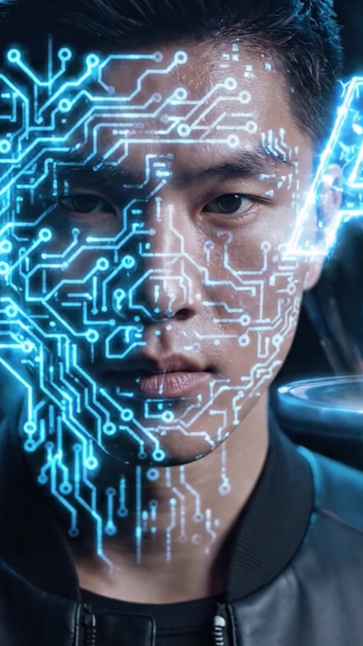 Una rappresentazione futuristica che mostra un uomo il cui volto è sincronizzato con intricati schemi di circuiti, a simboleggiare la convergenza di tecnologia e umanità in un'era digitale.