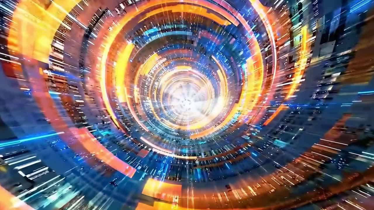 Concept video futuristico con un tunnel di luci incandescenti, ripreso da un'angolazione centrale