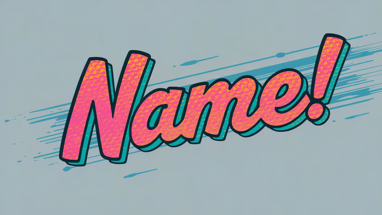 Animating pink word Name! starting over wide teal brush stroke, expanding teal rays on grey canvas