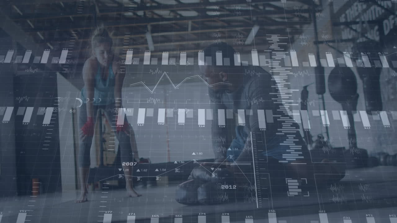 Female athlete leaning on bench with male trainer performing pushups, fitness data charts floating