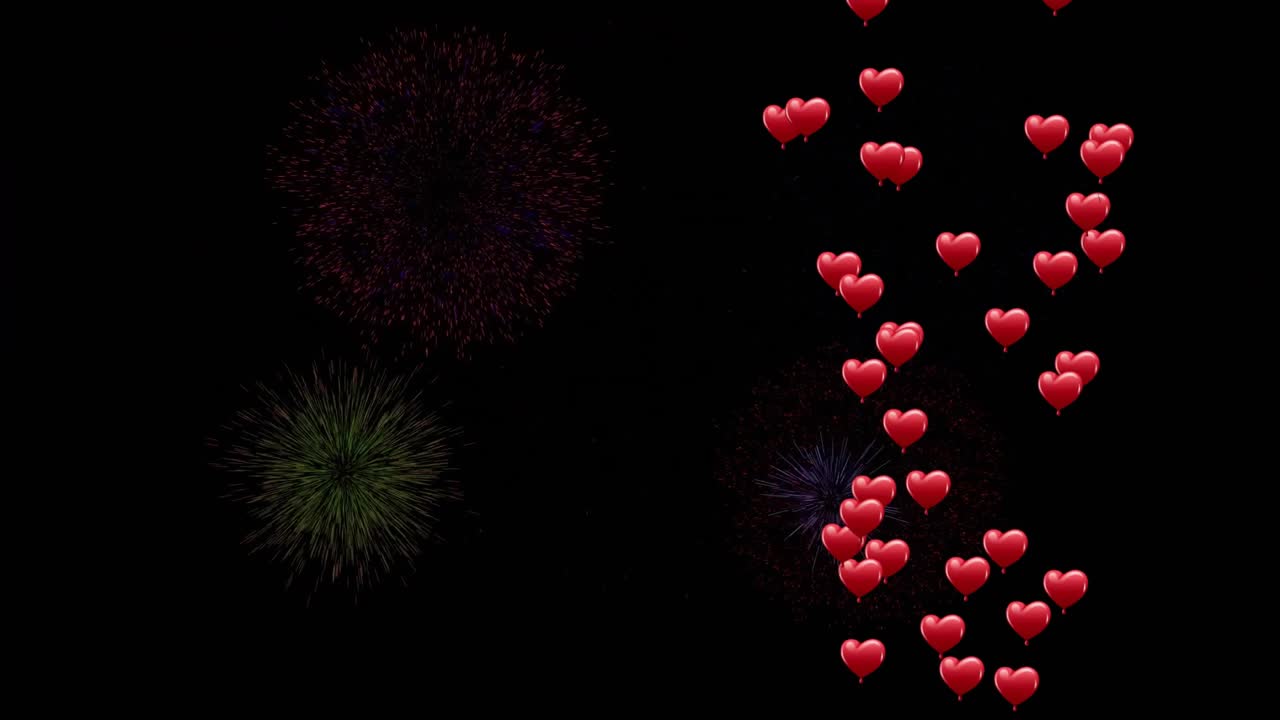 On start bursts pulsing while hearts drifting upward forming right column expressing celebration