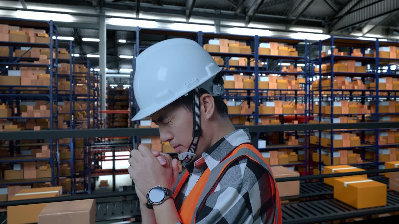 안전 헬을 입은 아시아 남성 엔지니어가 배달 물품으로 가득 찬 선반과 함께 창고에 서서 무언가를 위해 기도합니다.